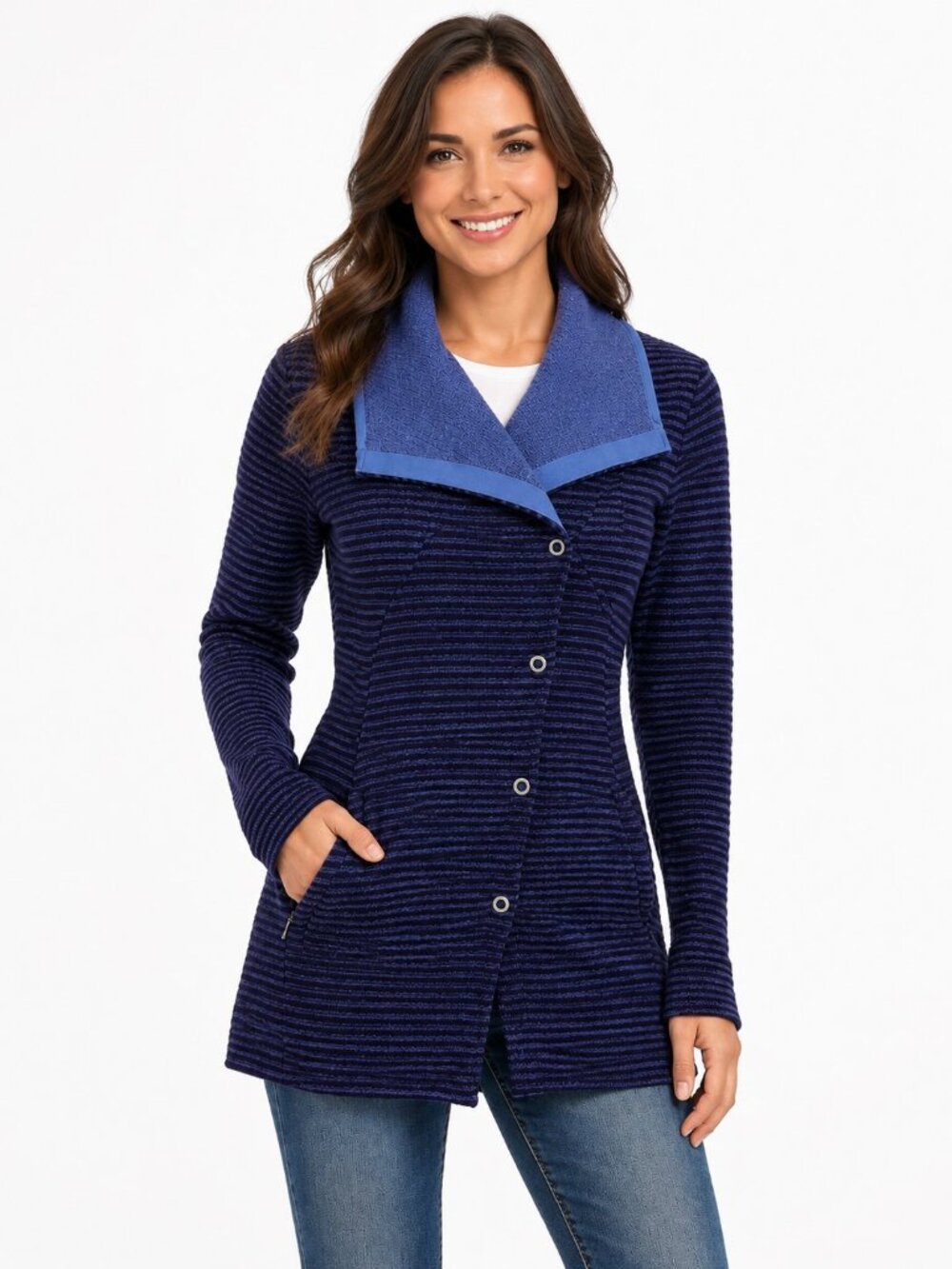 Prana Milana Wool Blend Sweater Jacket Indigo Striped Coatigan Womens L NWT
